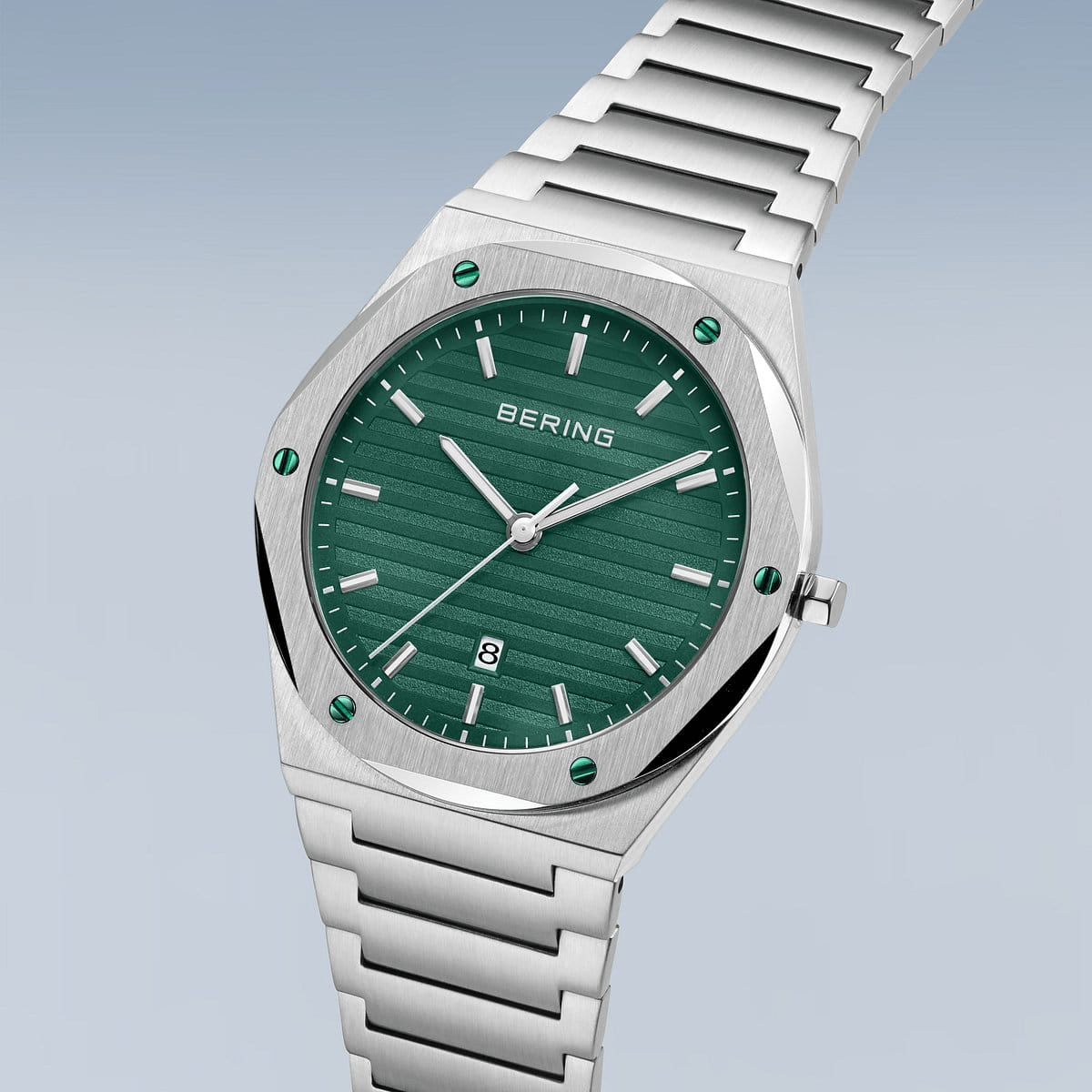 BERING Classic 42mm Brushed Silver Green Dial Men's Watch 19742-708
