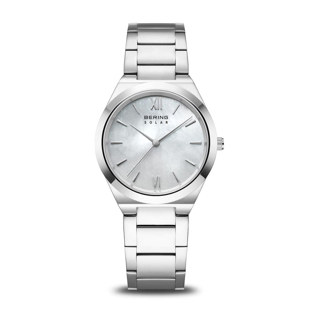BERING Solar Polished Silver 32mm White Mother of Pearl Dial