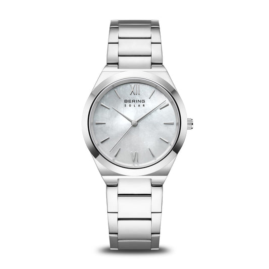 BERING Solar Polished Silver 32mm White Mother of Pearl Dial Women's Watch 19932-700