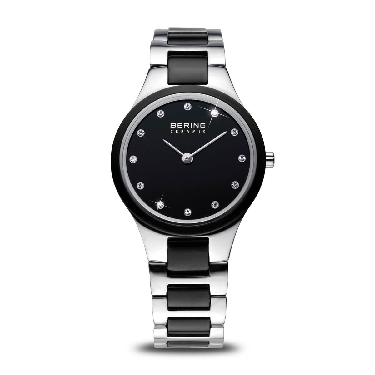 BERING Ceramic Polished Silver 27mm Black Dial Women's Watch 32327-742