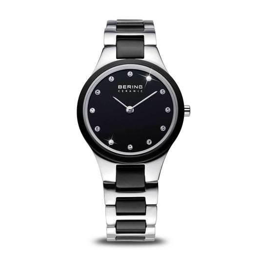 BERING Ceramic Polished Silver 27mm Black Dial Women's Watch 32327-742