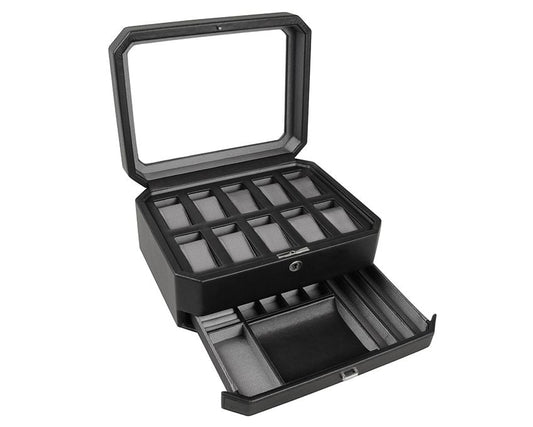 WOLF Windsor 10 Piece Watch Box with Drawer Black 4586029
