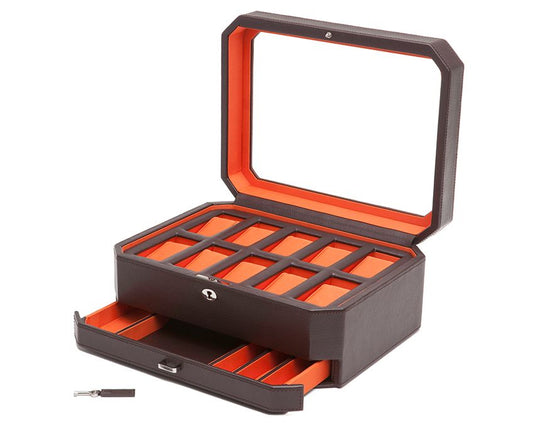 WOLF Windsor 10 Piece Watch Box with Drawer Brown/Orange 458606