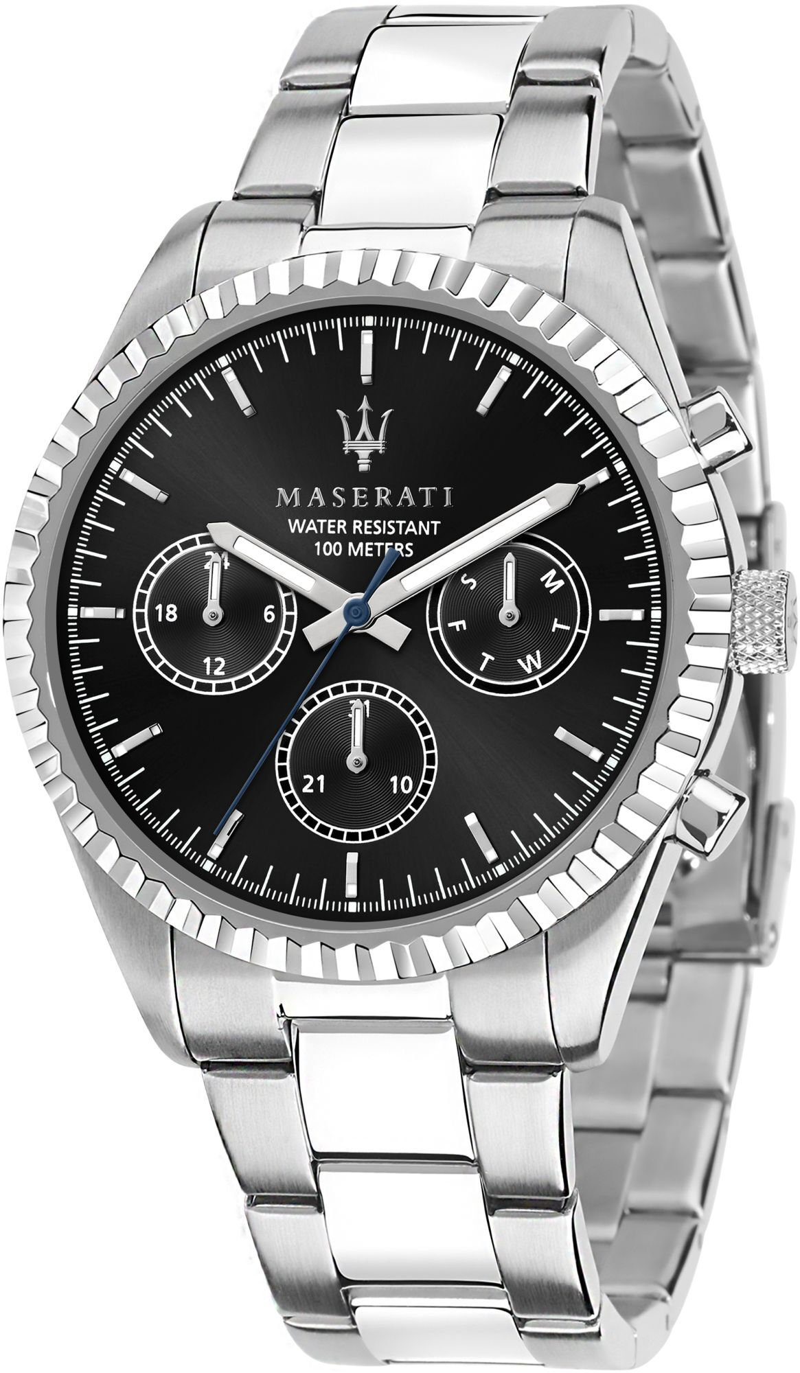 Maserati Competizione 43mm Day-Date Fluted Bezel Steel Men's Watch R8853100023