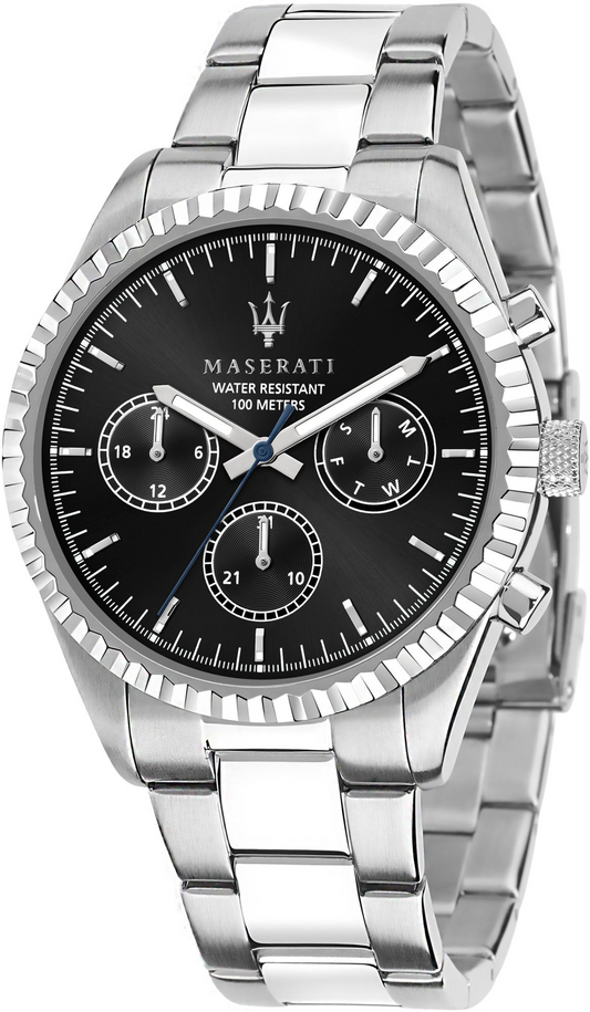 Maserati Competizione 43mm Day-Date Fluted Bezel Steel Men's Watch R8853100023