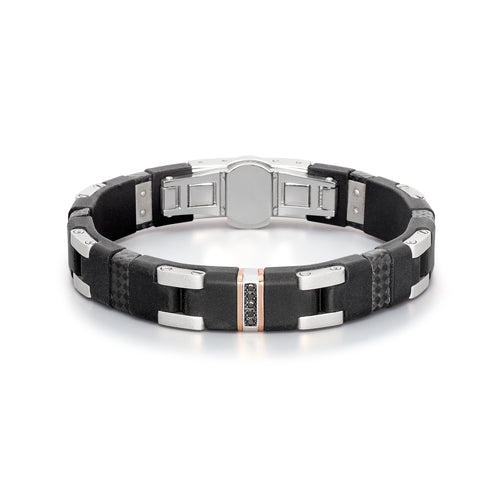 Baraka Men's 18K Rose Gold, Silver & Rubber Bracelet with Black Diamonds