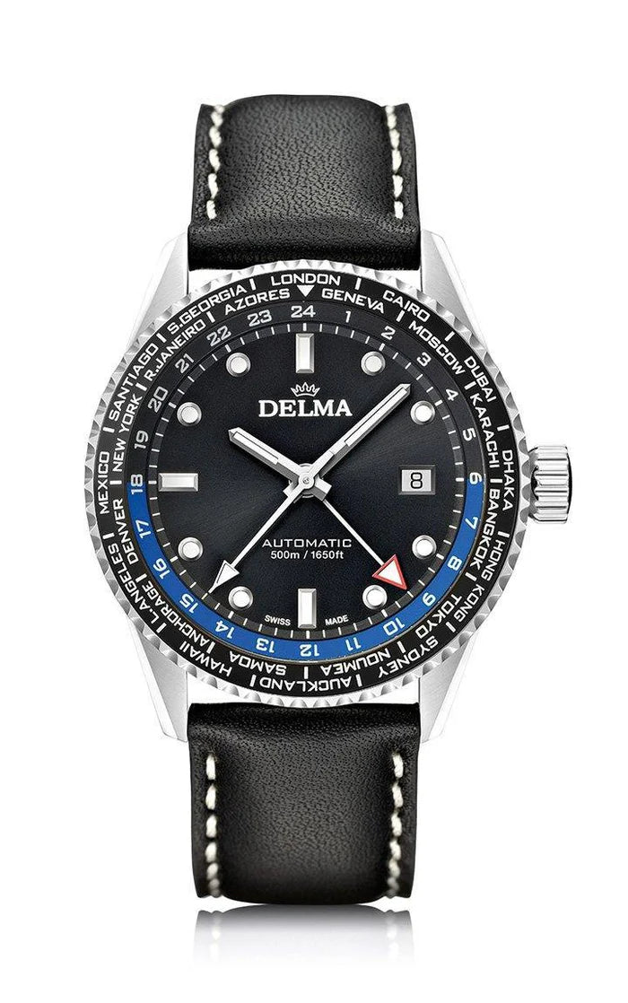 DELMA Cayman Worldtimer Automatic 42mm Black Sunray Dial Men's Watch 41601.710.6.031