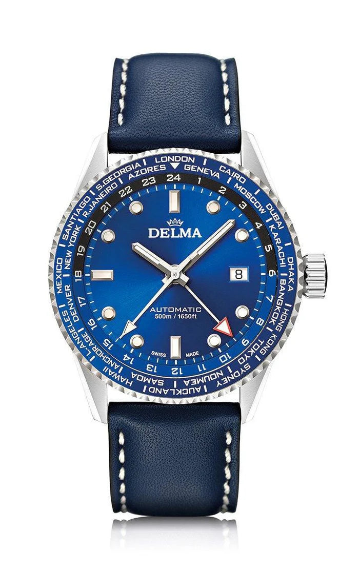 DELMA Cayman Worldtimer Automatic 42mm Blue Sunray Dial Men's Watch 41601.710.6.041