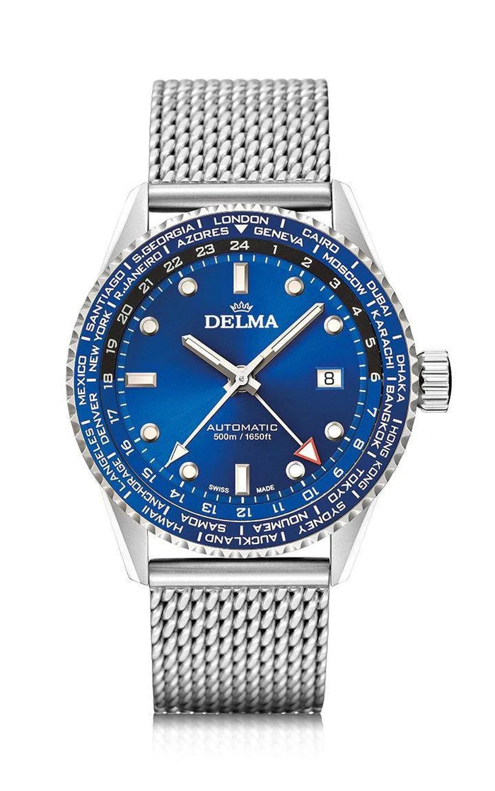 DELMA Cayman Worldtimer Automatic 42mm Blue Sunray Dial Men's Watch 41801.710.6.041