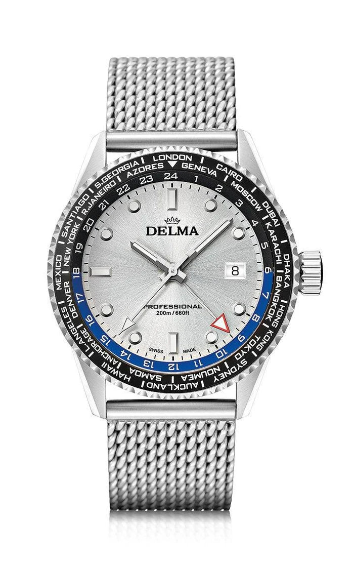 DELMA Cayman Worldtimer 42mm Silver Sunray Dial Men's Watch 41801.712.6.061