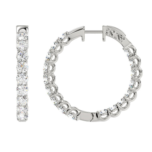 LADIES HOOP EARRINGS 5CT ROUND DIAMOND 14K WHITE GOLD