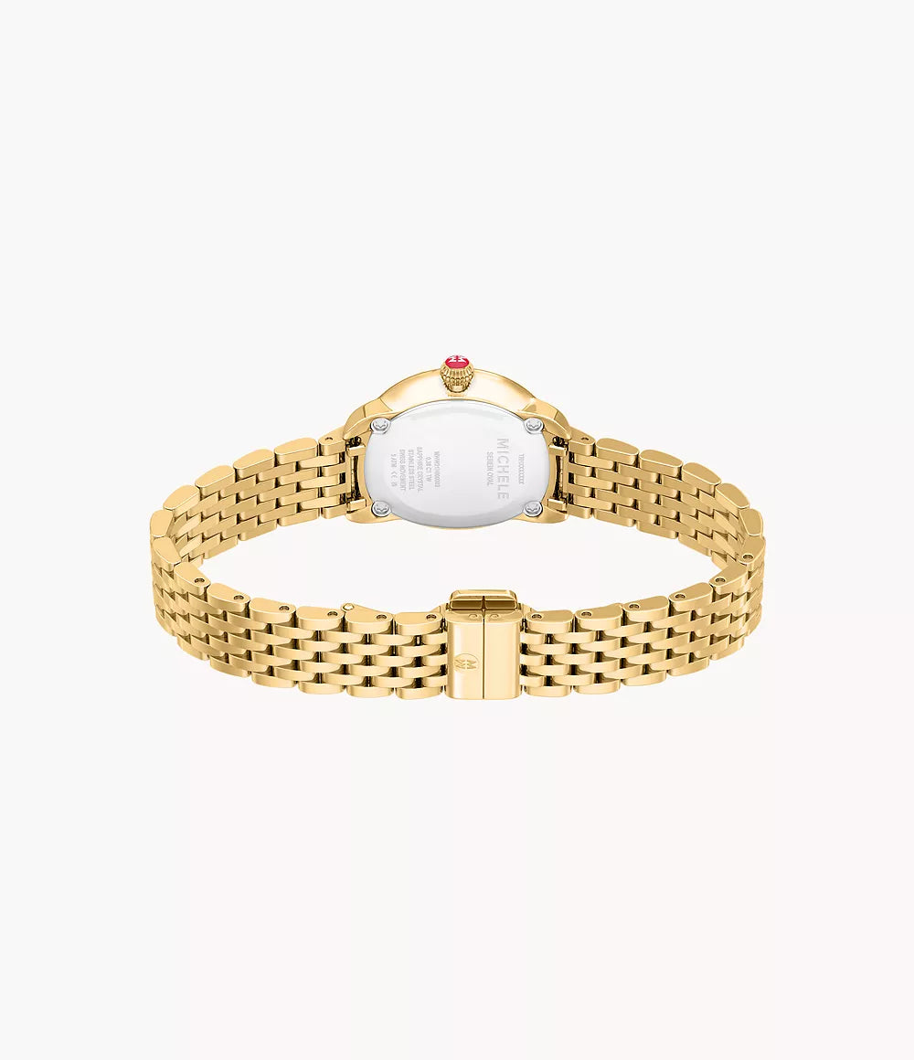 MICHELE Serein Oval Diamond 18K Gold-Plated 27mm White Mother of Pearl Dial Women's Watch MWW21H000003