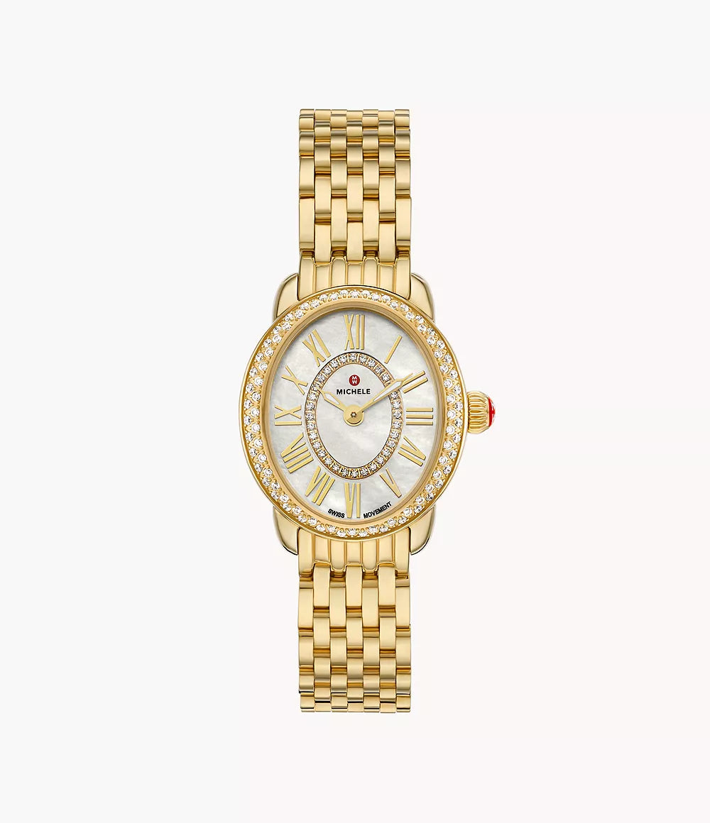 MICHELE Serein Oval Diamond 18K Gold-Plated 27mm White Mother of Pearl Dial Women's Watch MWW21H000003
