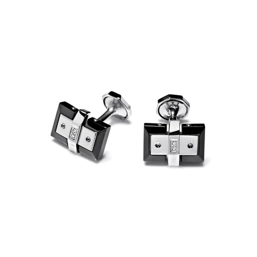 Baraka Men's Stainless Steel & Black Ceramic Cufflinks with White Diamonds