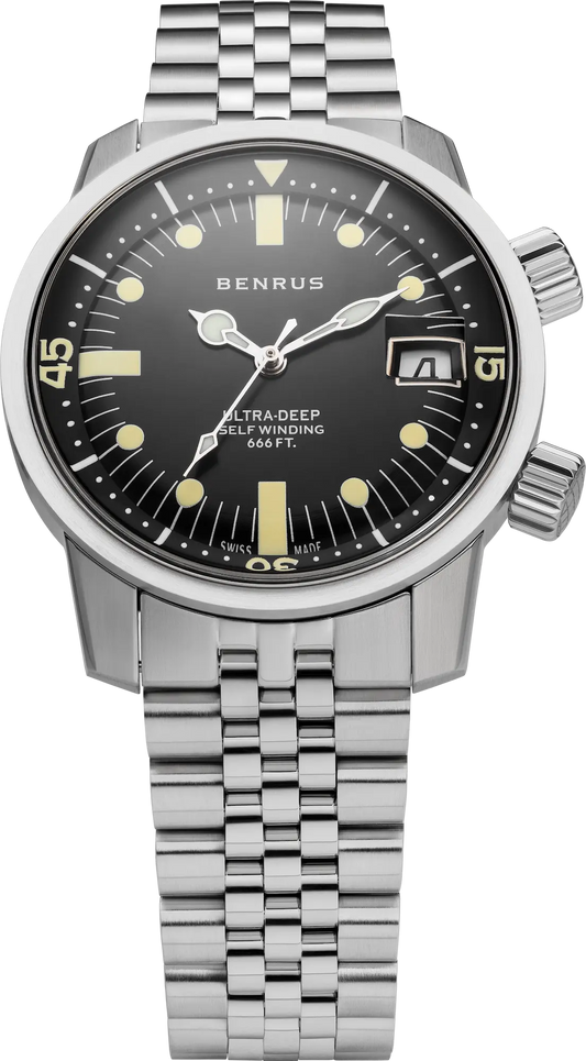Benrus Ultra-Deep 36.5mm Black Dial Men's Watch UD-SA-BK-SS
