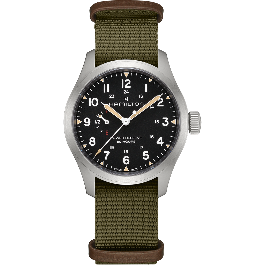 Hamilton Khaki 時計 中型 ブラック/シルバー Hamilton Khaki Field Mechanical Power Reserve 40mm Black Dial