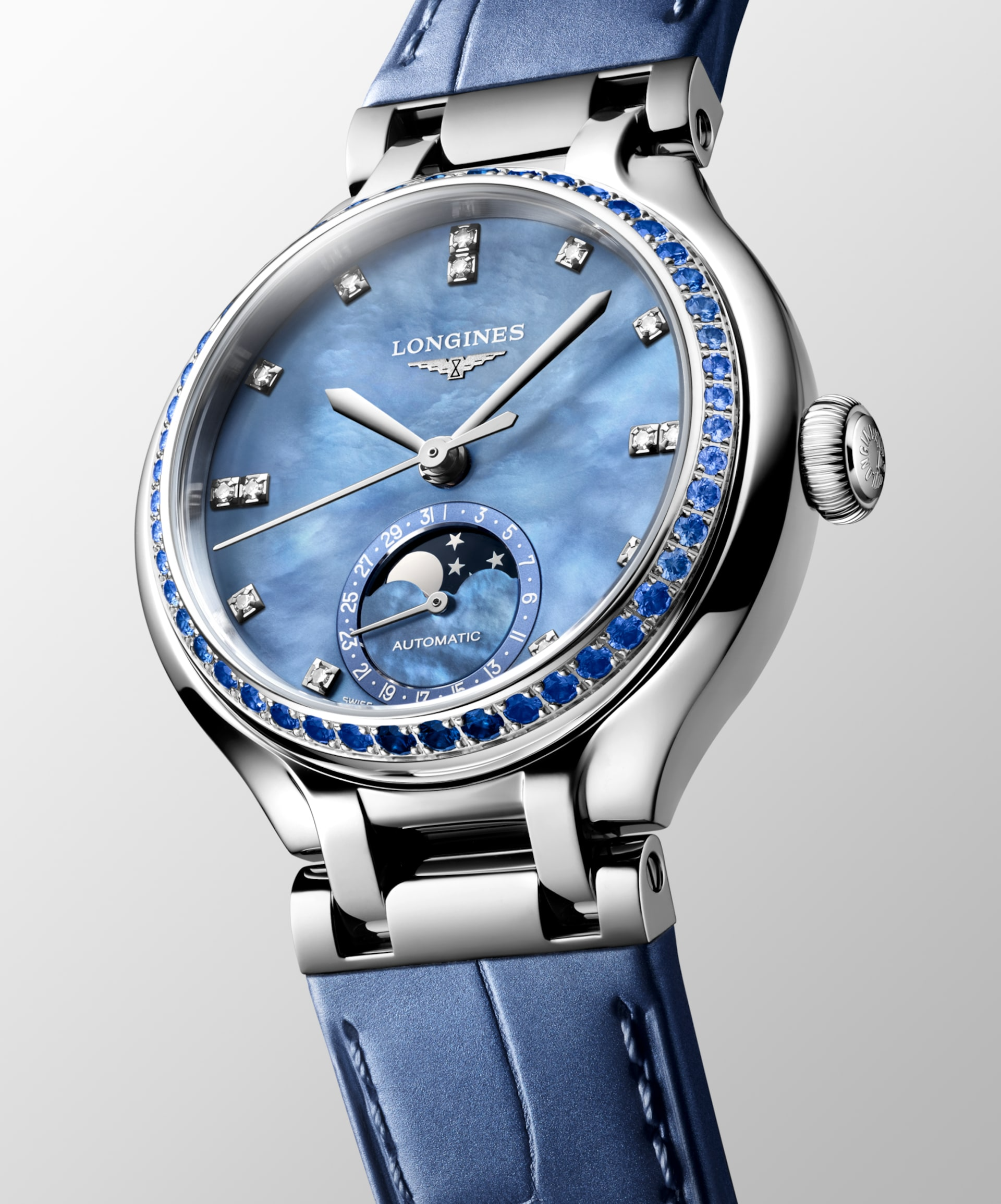 Longines PrimaLuna Moonphase 34mm Blue Mother of Pearl Dial Women's Watch L81260972