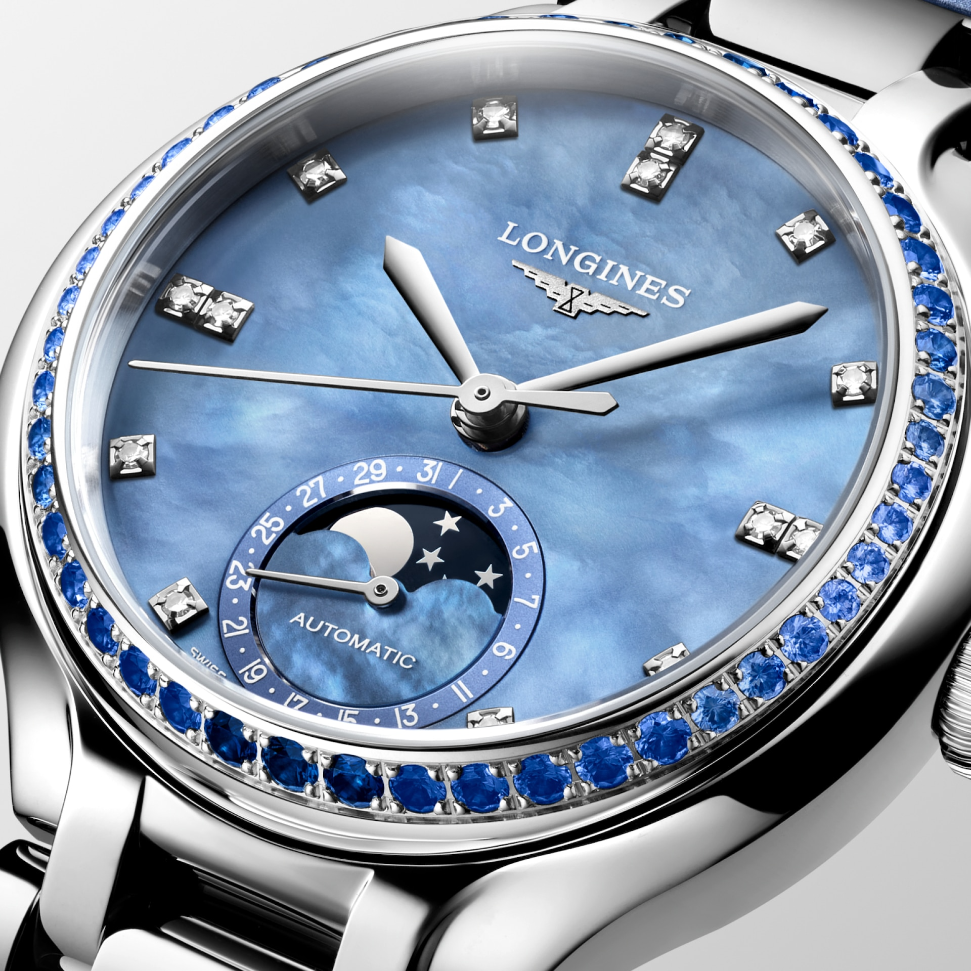 Longines PrimaLuna Moonphase 34mm Blue Mother of Pearl Dial Women's Watch L81260972