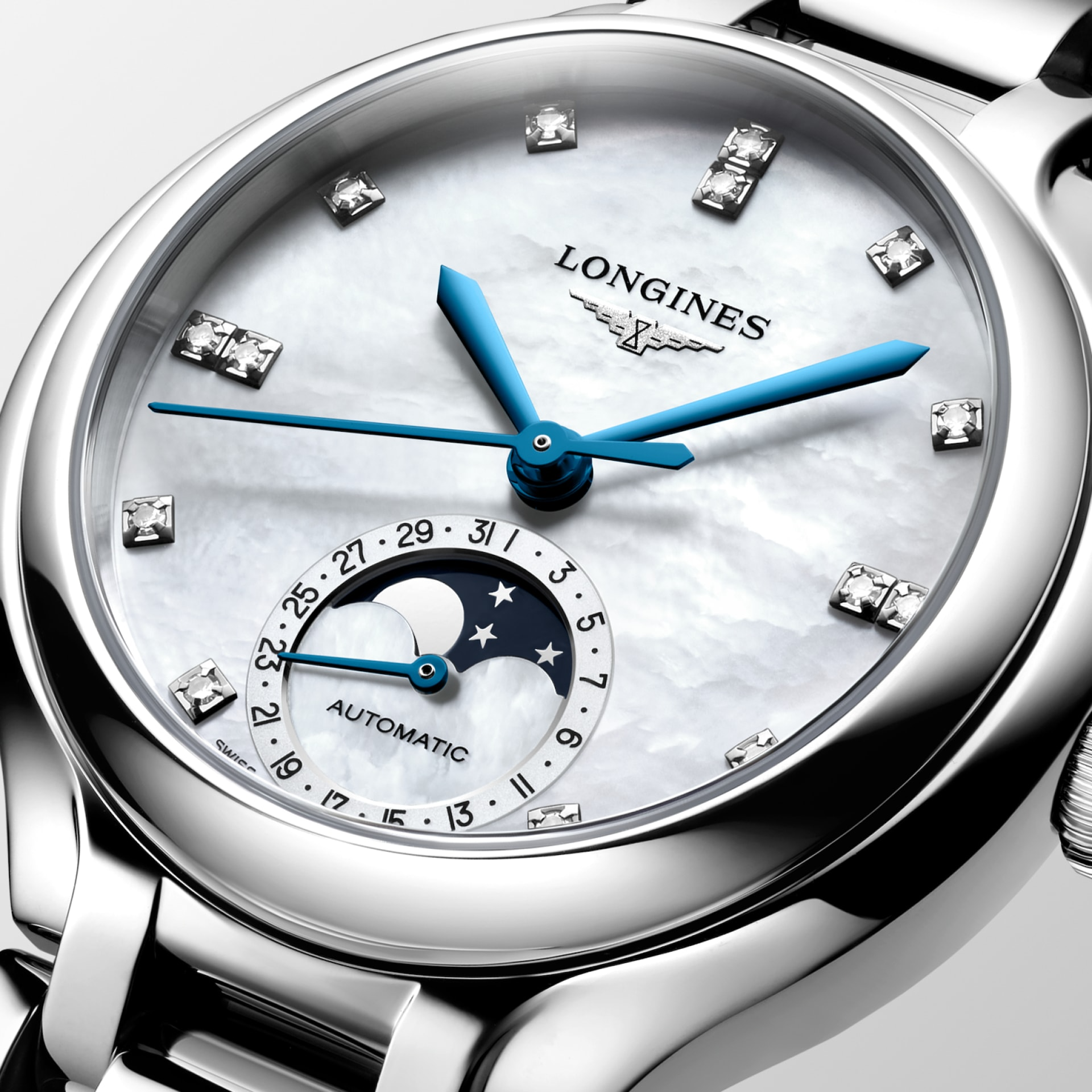 Longines PrimaLuna Moonphase 34mm White Mother of Pearl Dial Women's Watch L81264876