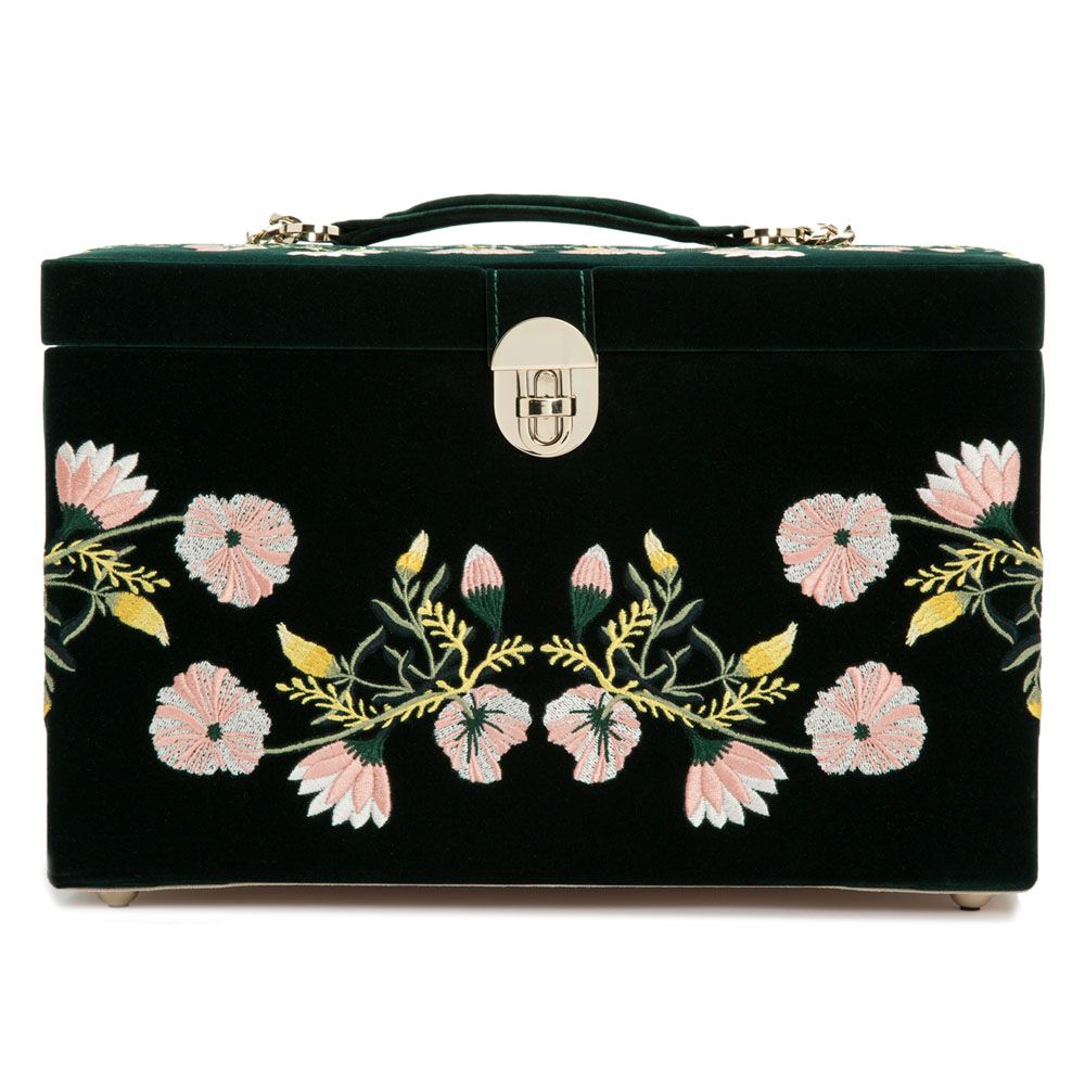 WOLF Zoe Large Jewelry Box Forest Green Velvet Floral Embroidery 393012