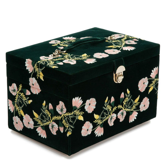 WOLF Zoe Large Jewelry Box Forest Green Velvet Floral Embroidery 393012
