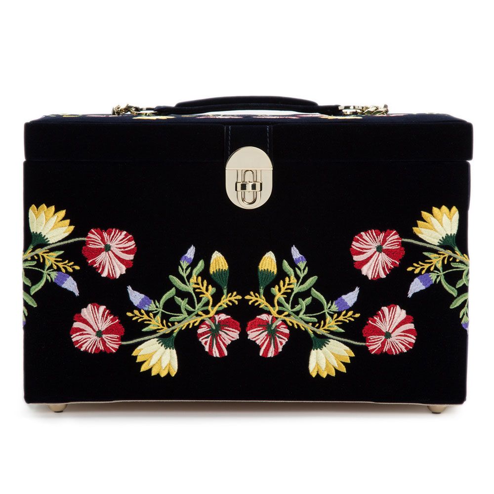 WOLF Zoe Large Jewelry Box Indigo Velvet Floral Embroidery 393016