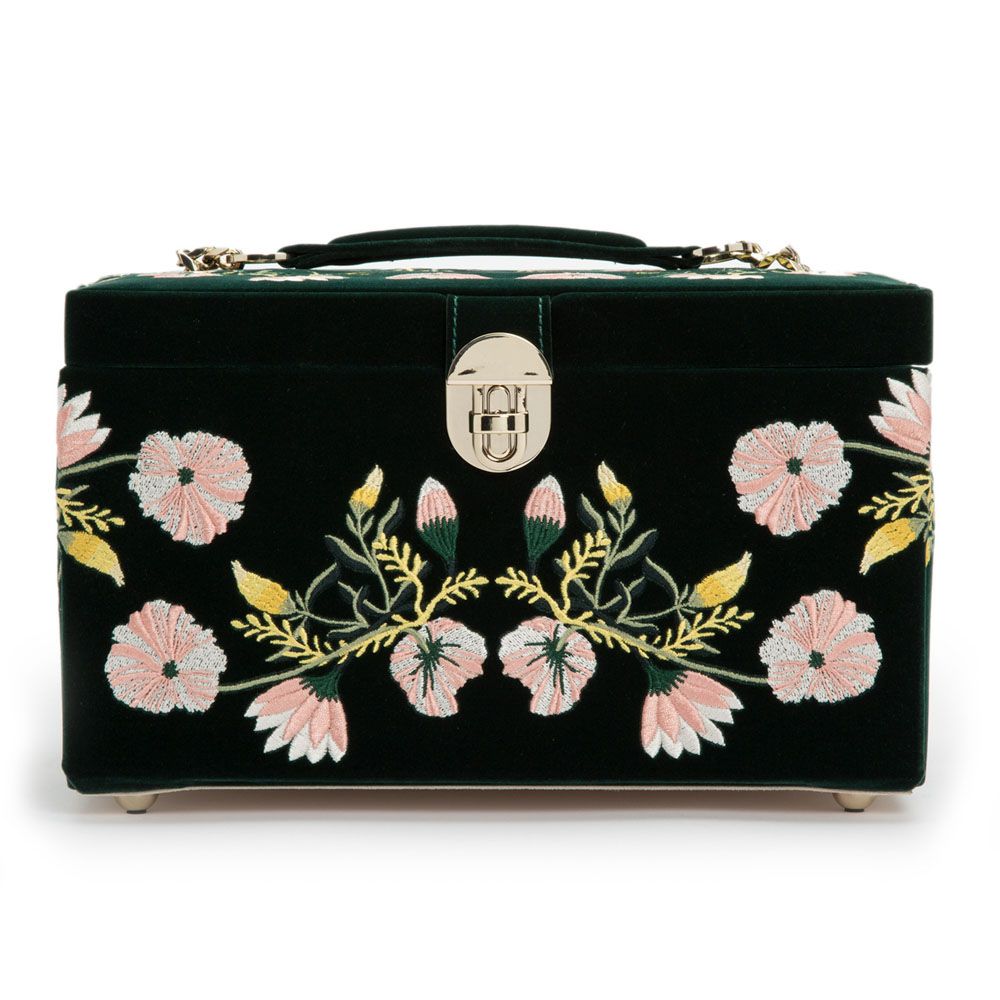 WOLF Zoe Medium Jewelry Box Forest Green Velvet Floral Embroidery 393112