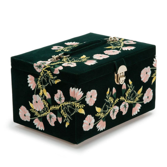 WOLF Zoe Medium Jewelry Box Forest Green Velvet Floral Embroidery 393112