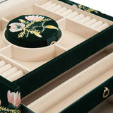 WOLF Zoe Medium Jewelry Box Forest Green Velvet Floral Embroidery 393112