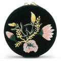 WOLF Zoe Travel Round Pouch Forest Green Velvet Floral Embroidery 393212
