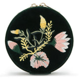 WOLF Zoe Travel Round Pouch Forest Green Velvet Floral Embroidery 393212