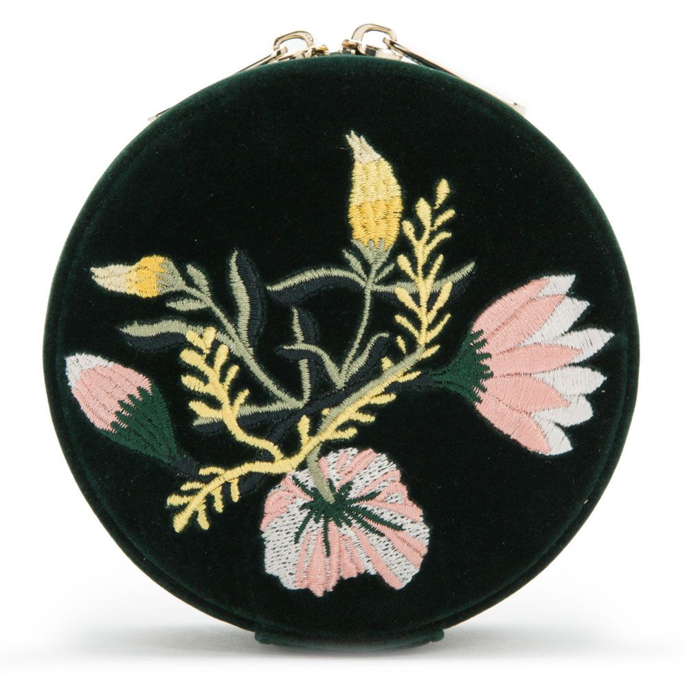 WOLF Zoe Travel Round Pouch Forest Green Velvet Floral Embroidery 393212