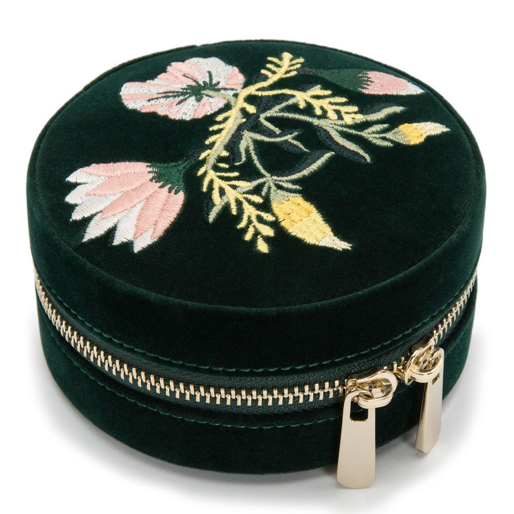 WOLF Zoe Travel Round Pouch Forest Green Velvet Floral Embroidery 393212