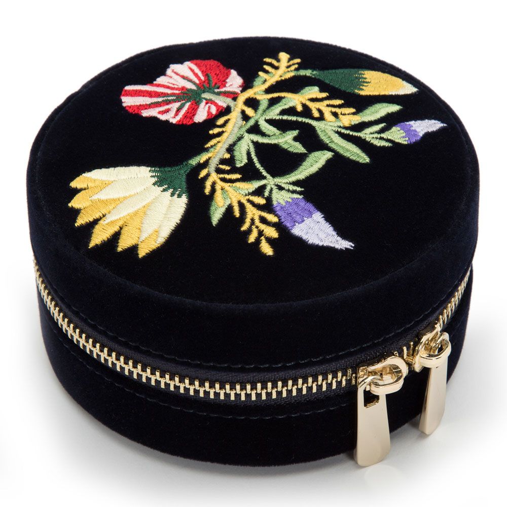 WOLF Zoe Travel Round Pouch Indigo Velvet Floral Embroidery 393216