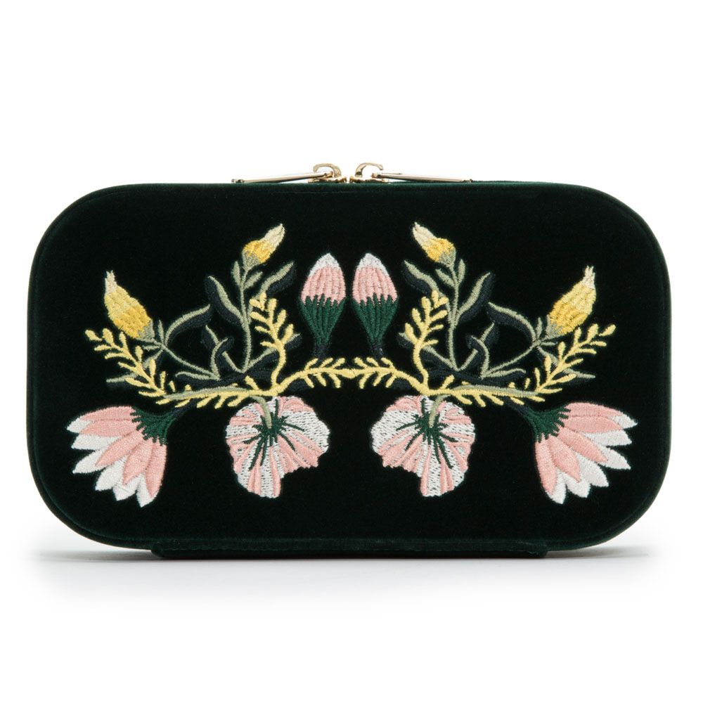 WOLF Zoe Travel Zip Case Forest Green Velvet Floral Embroidery 393312