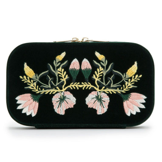 WOLF Zoe Travel Zip Case Forest Green Velvet Floral Embroidery 393312
