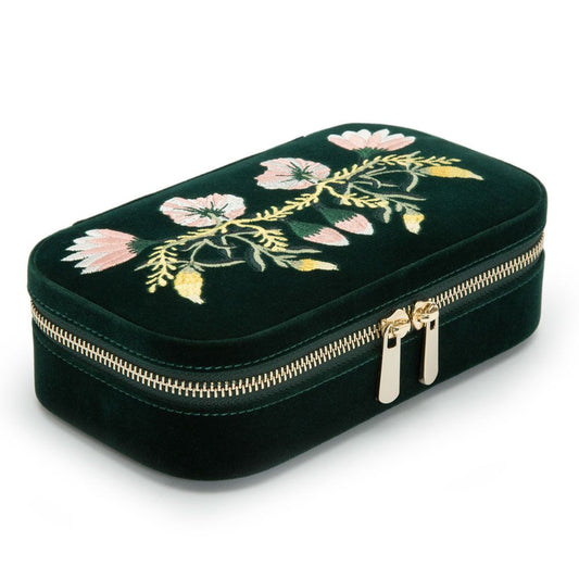WOLF Zoe Travel Zip Case Forest Green Velvet Floral Embroidery 393312