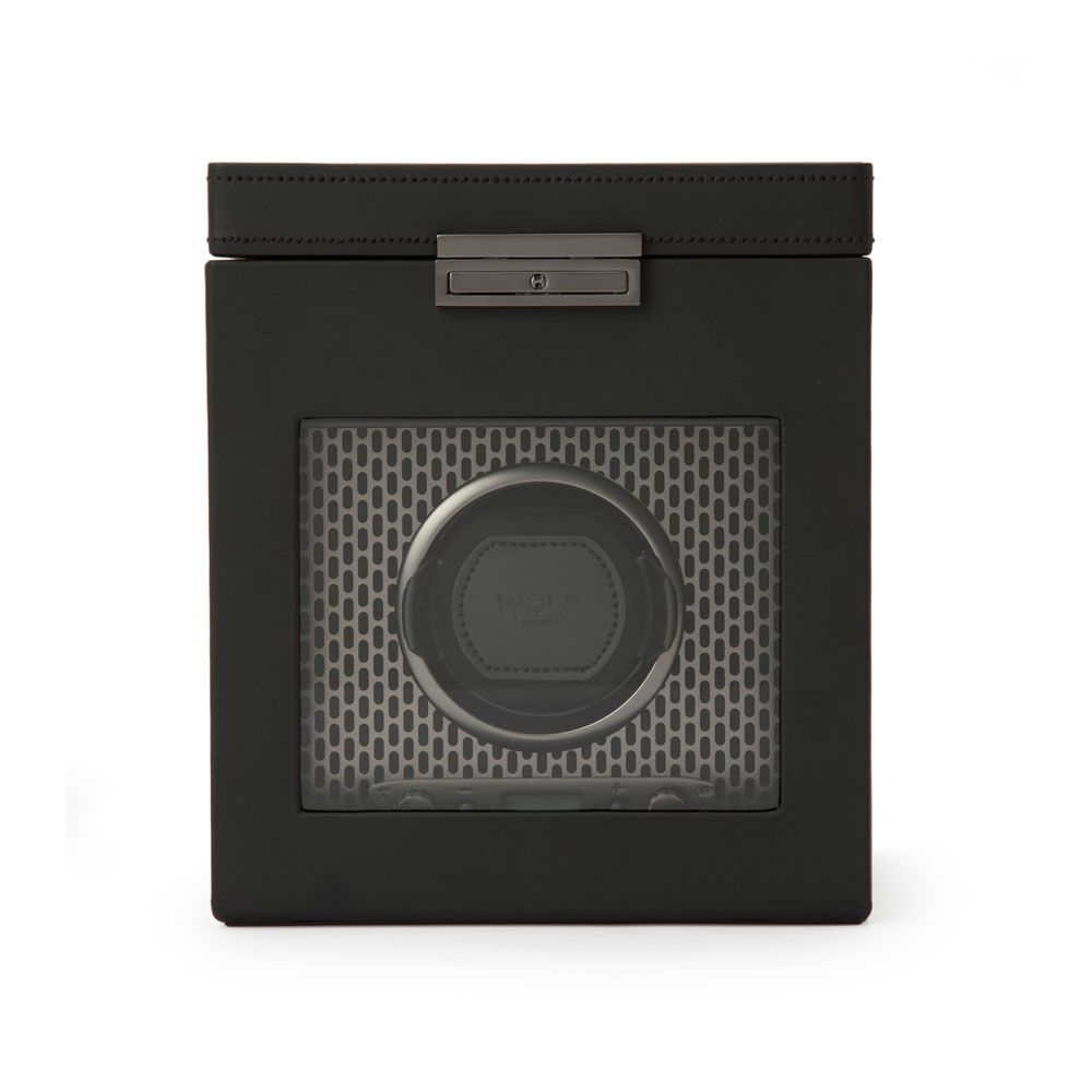 WOLF Axis Black Powder Coat Metal Plated Single Watch Winder With Storage 469203