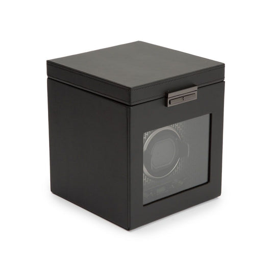 WOLF Axis Black Powder Coat Metal Plated Single Watch Winder With Storage 469203