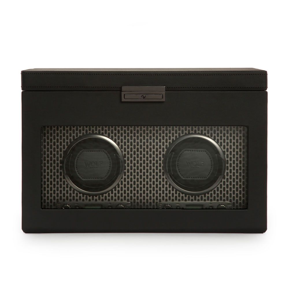WOLF Axis Black Powder Coat Metal Plated Double Watch Winder With Storage 469303