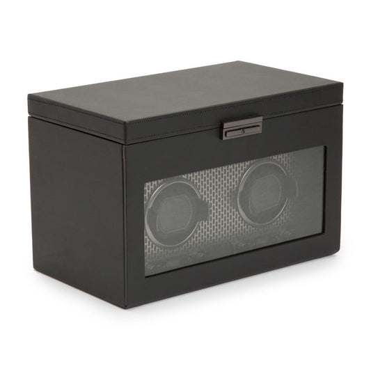 WOLF Axis Black Powder Coat Metal Plated Double Watch Winder With Storage 469303
