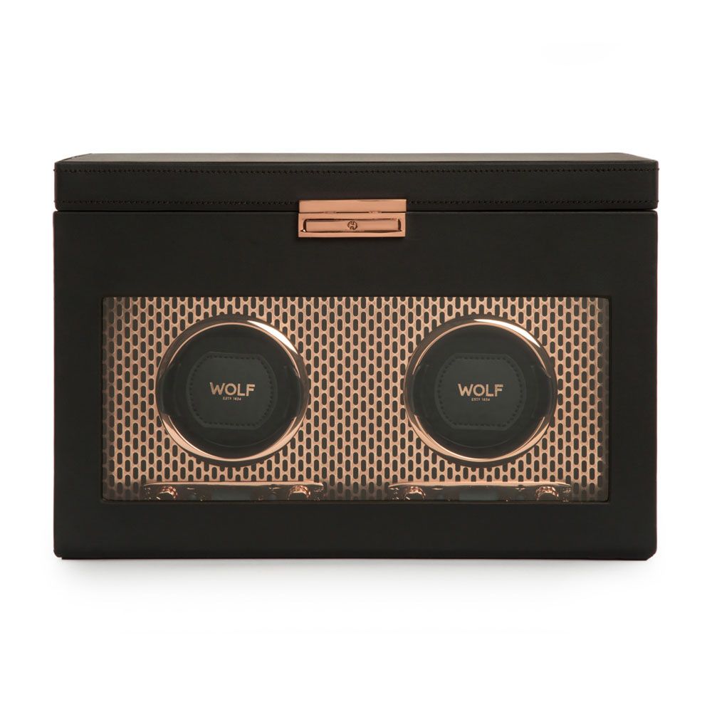 WOLF Axis Copper Metal Plated Double Watch Winder With Storage 469316