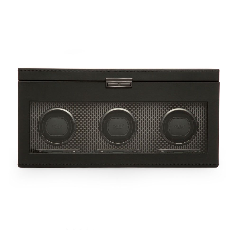 WOLF Axis Black Powder Coat Metal Plated Triple Watch Winder With Storage 469403