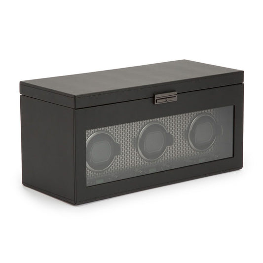 WOLF Axis Black Powder Coat Metal Plated Triple Watch Winder With Storage 469403