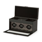 WOLF Axis Black Powder Coat Metal Plated Triple Watch Winder With Storage 469403