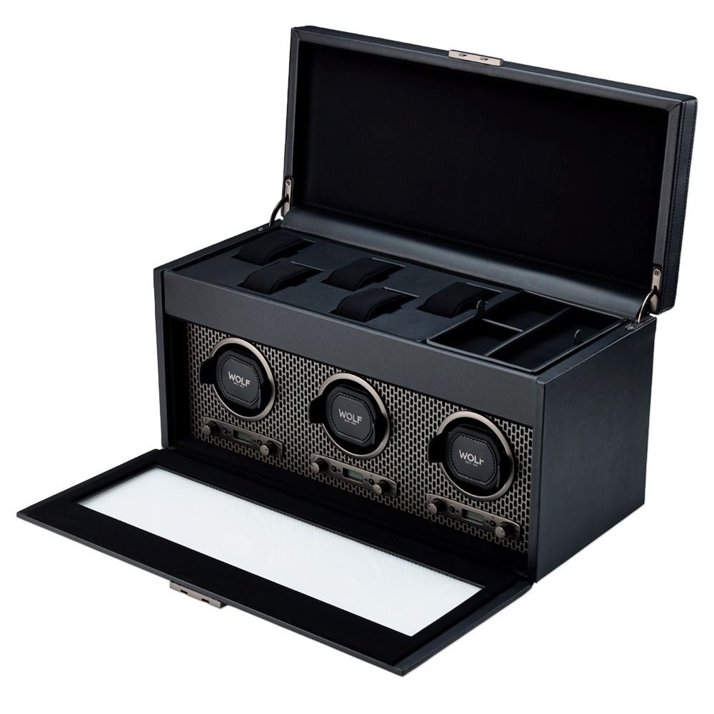 WOLF Axis Black Powder Coat Metal Plated Triple Watch Winder With Storage 469403