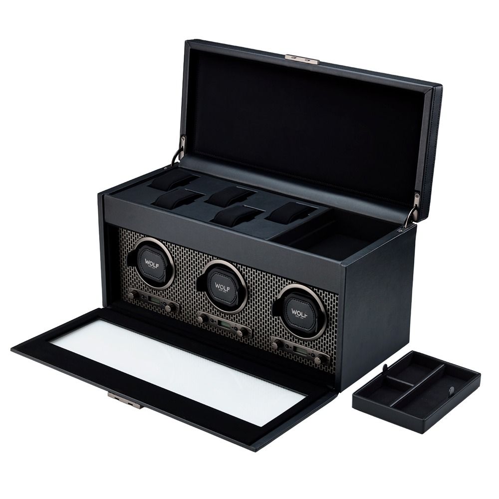 WOLF Axis Black Powder Coat Metal Plated Triple Watch Winder With Storage 469403