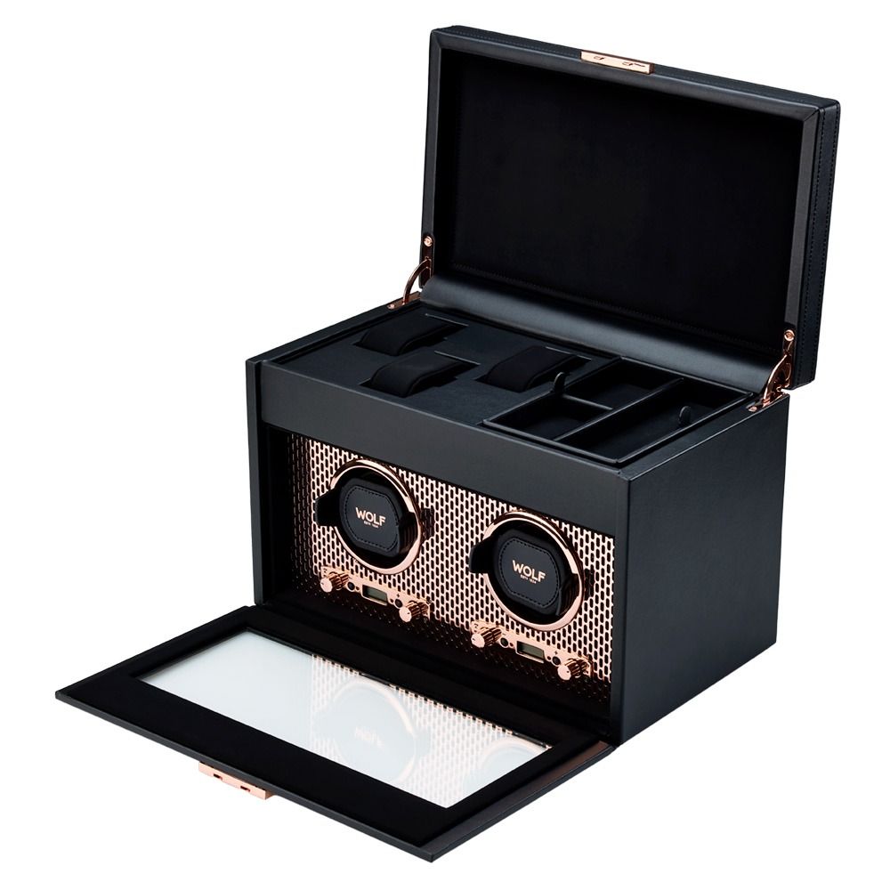 WOLF Axis Copper Metal Plated Double Watch Winder With Storage 469316