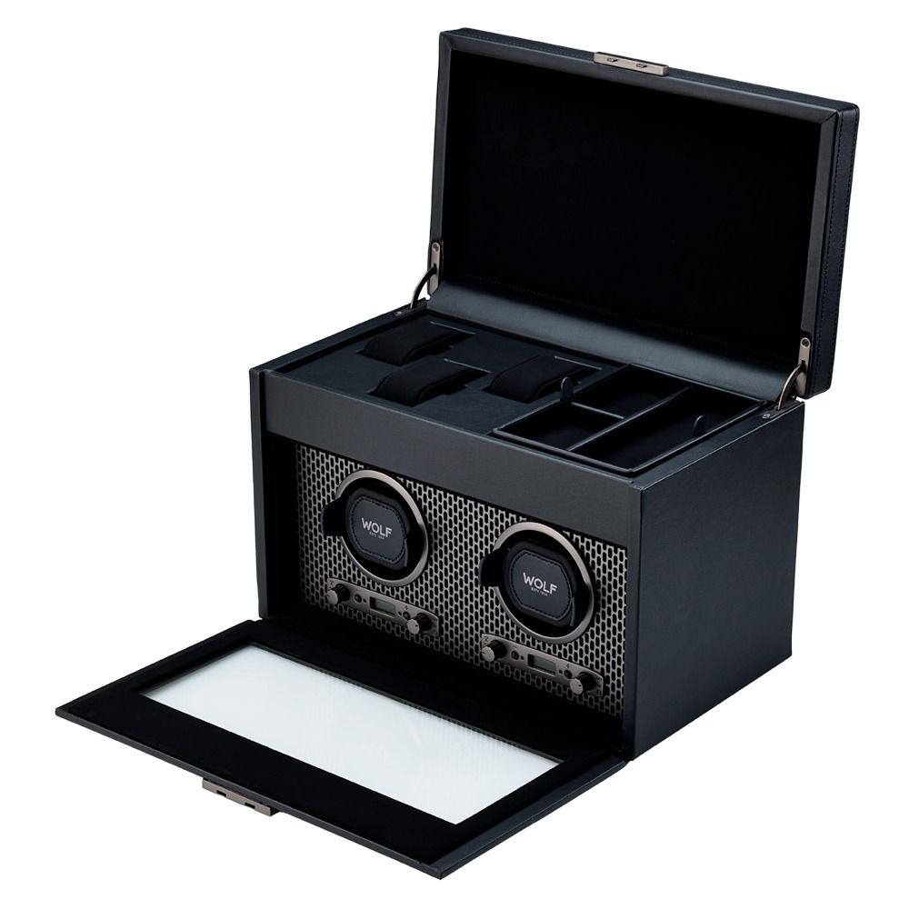 WOLF Axis Black Powder Coat Metal Plated Double Watch Winder With Storage 469303
