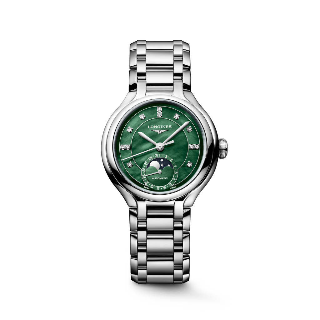 LONGINES PRIMALUNA MOONPHASE 34mm, automatic watch, stainless steel, vivid green mother-of-pearl dial, metal bracelet, woman LONGINES PRIMALUNA MOONPHASE 34mm, automatic watch, stainless steel, vivid green mother-of-pearl dial, metal bracelet, woman
